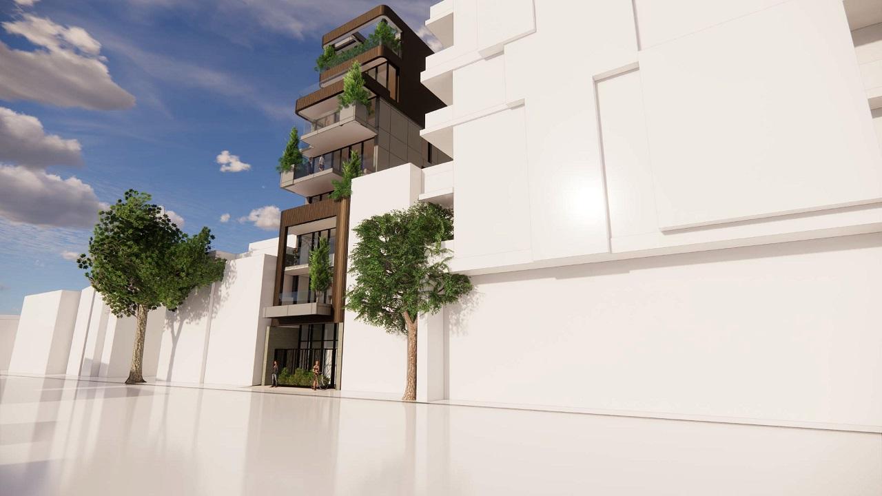 Rendering of 350 Davenport Condos exterior worm view.