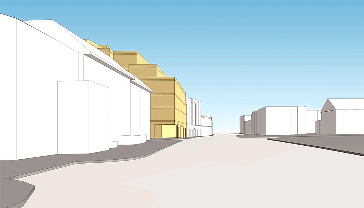 Simple rendering of 390 Spadina Road Condos side view with street area.