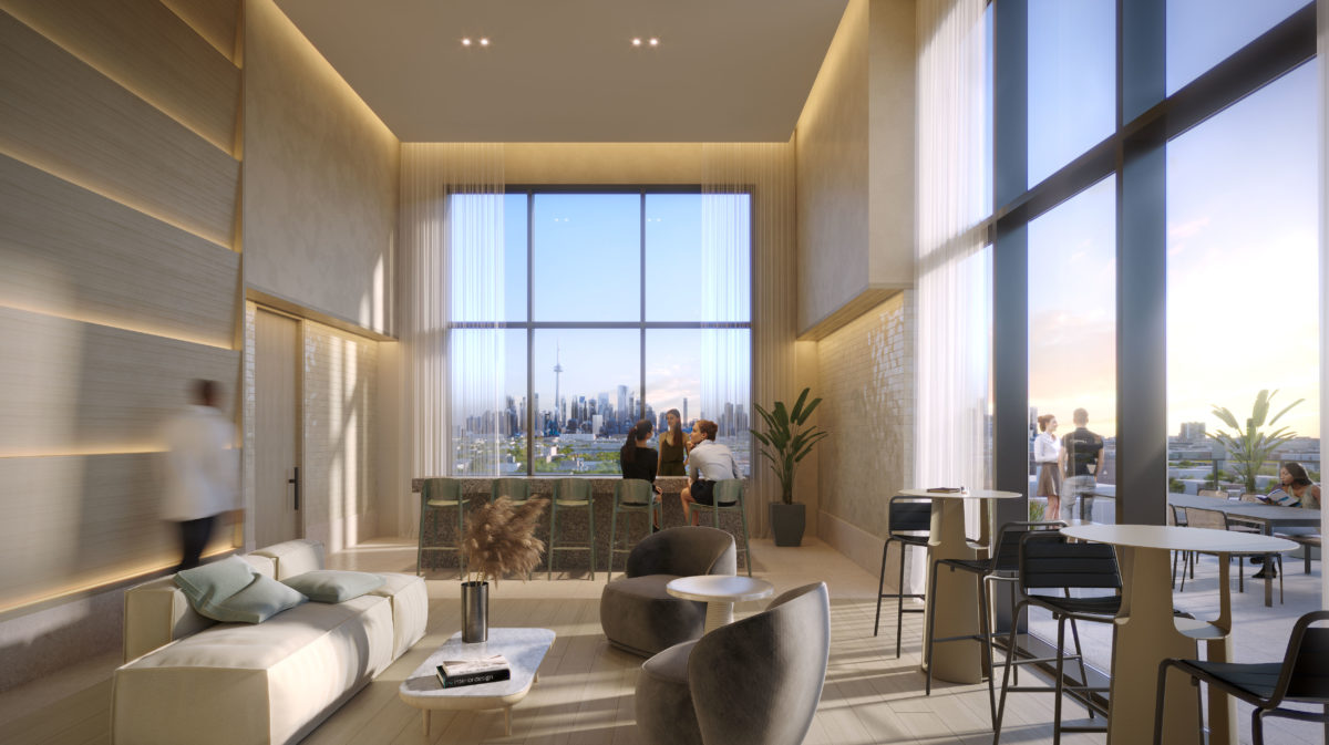 Rendering of Queen and Ashbridge Condos party room.