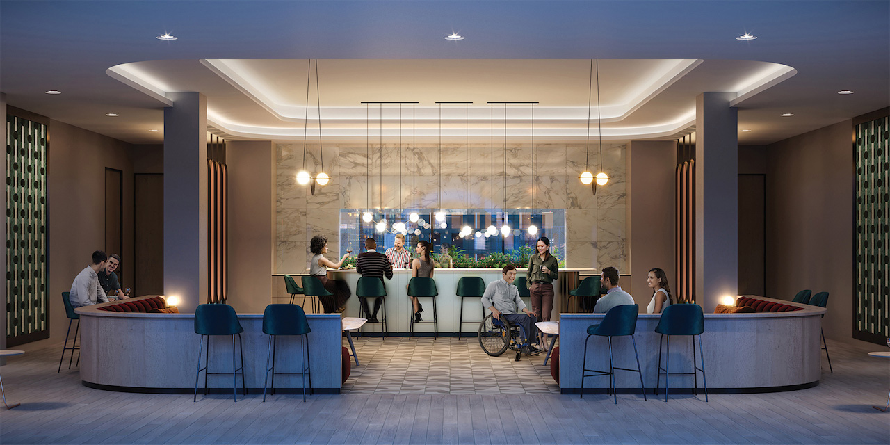 Rendering of Artsy Condos party room with bar seating.