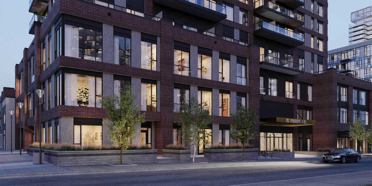 Rendering of Artsy Condos exterior siding at night.