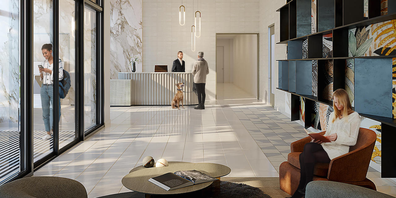 Rendering of Artsy Condos luxurious lobby with concierge and seating.