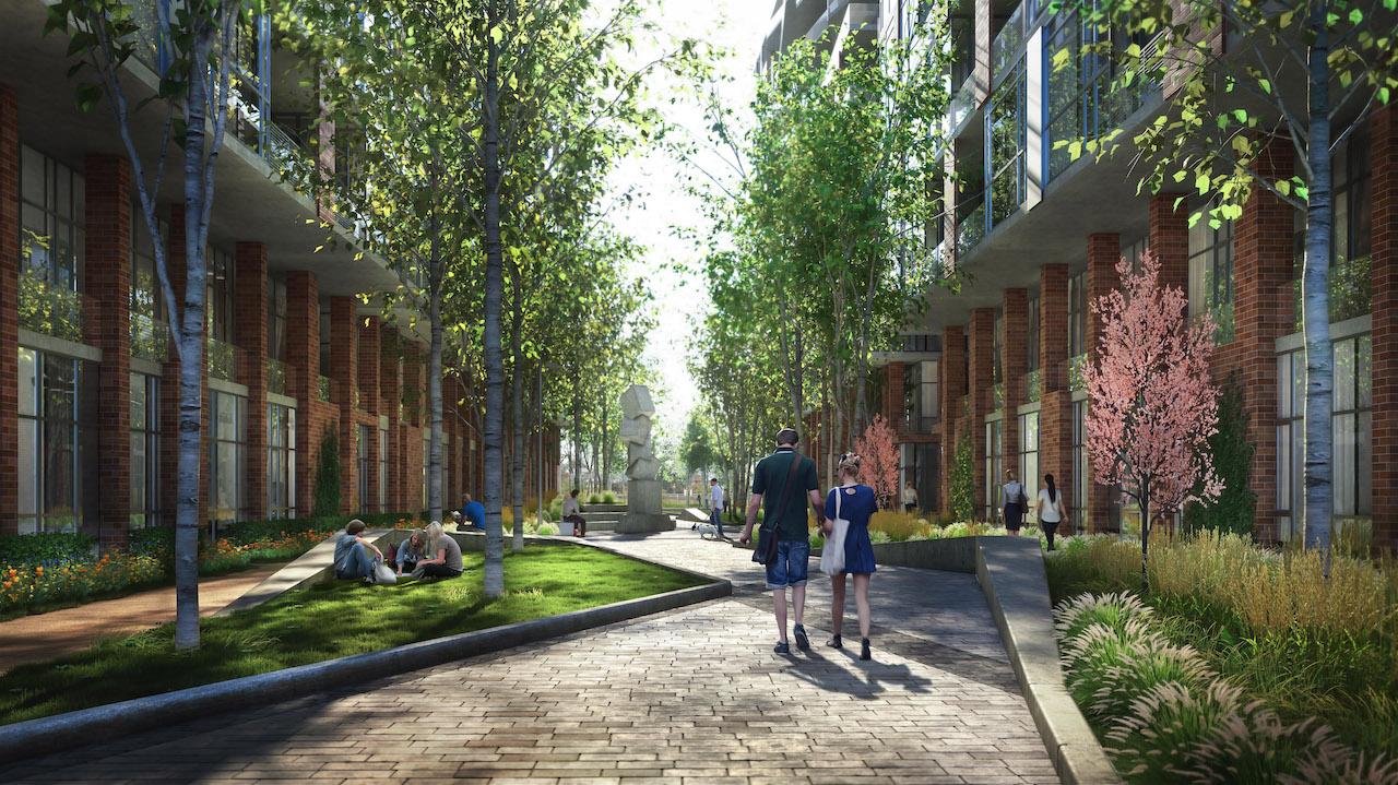 Rendering of Grand Park Village walkway with lush greenery.