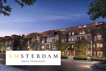 Rendering of Amsterdam Urban Townhomes with logo overlay.