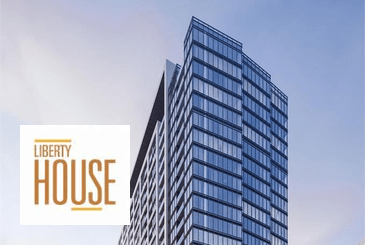 Rendering of Liberty House Condos with logo overylay.