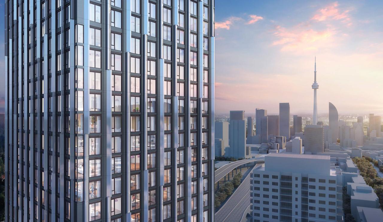 Rendering of 31R Parliament Condos building exterior with glass facade.
