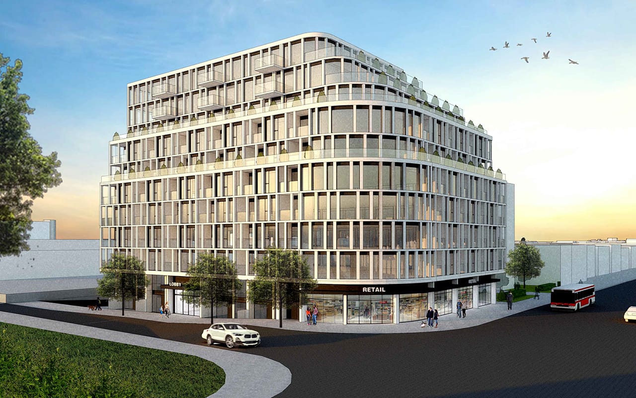 Exterior rendering of 968 O’Connor Drive Condos in Toronto.