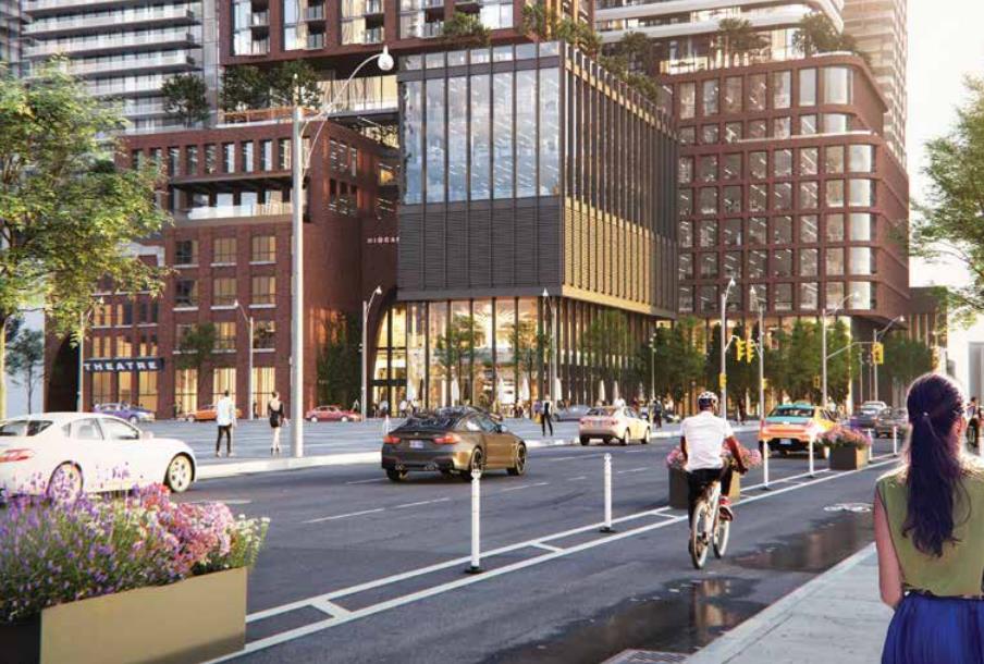 Exterior rendering of RioCan Hall Condos at street-level.
