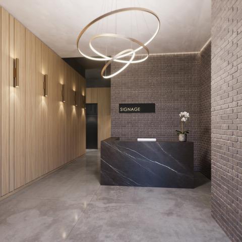 Rendering of The Carvalo Condos lobby with a concierge desk.