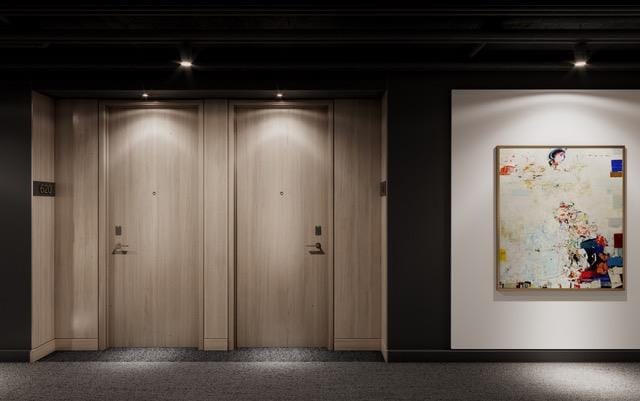 Rendering of The Carvalo on College Condos unit corridor with light wood architectural features.