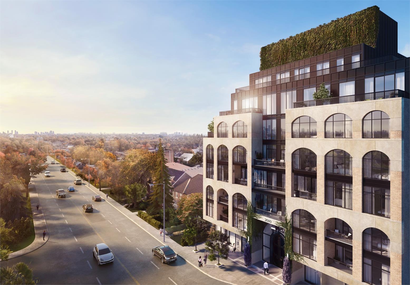 Exterior side-view rendering of The Rhodes Condos in Toronto.