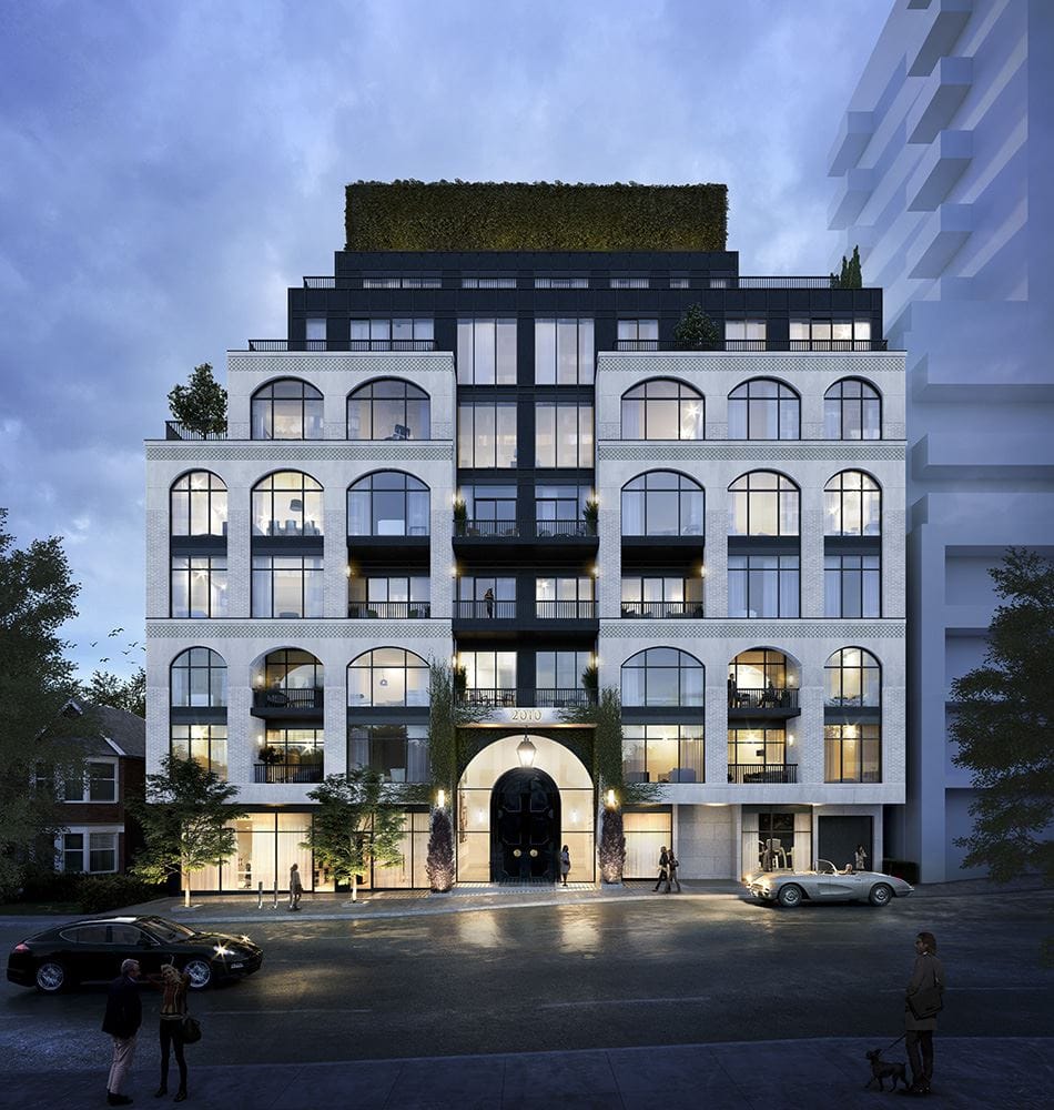 Rendering of The Rhodes Condos exterior front-facing view at night.