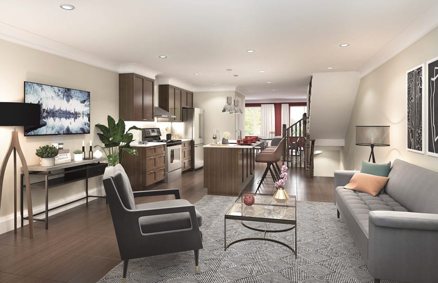 Interior rendering of Total Towns unit great room.
