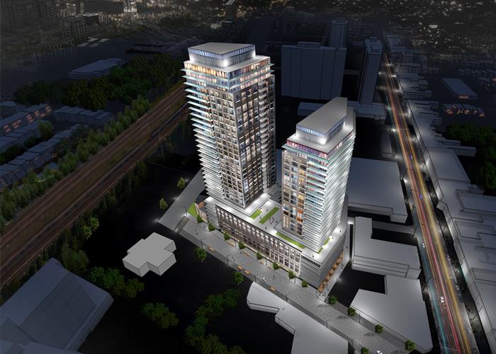 Rendering of 10 Dawes Road Condos at night.