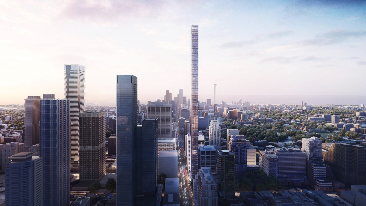 Rendering of 1200 Bay Condos full building exterior and surrounding city.