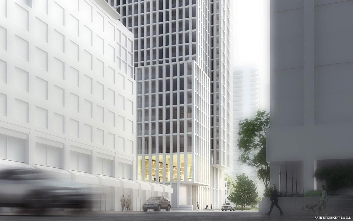 Rendering of 22 Balliol Condos view from down the street with cars driving by.
