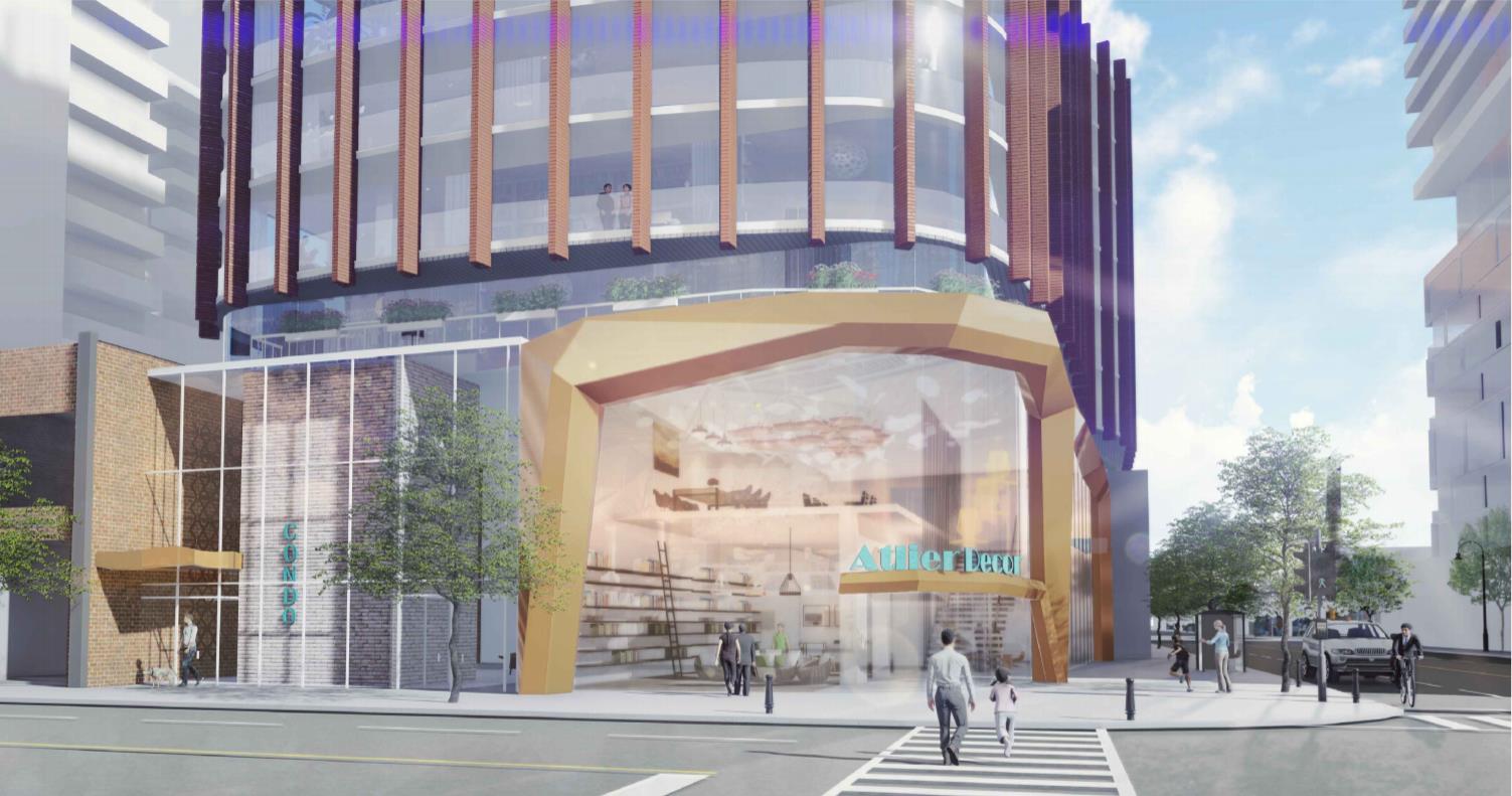 Rendering of 33 Sherbourne Condos with retail nearby