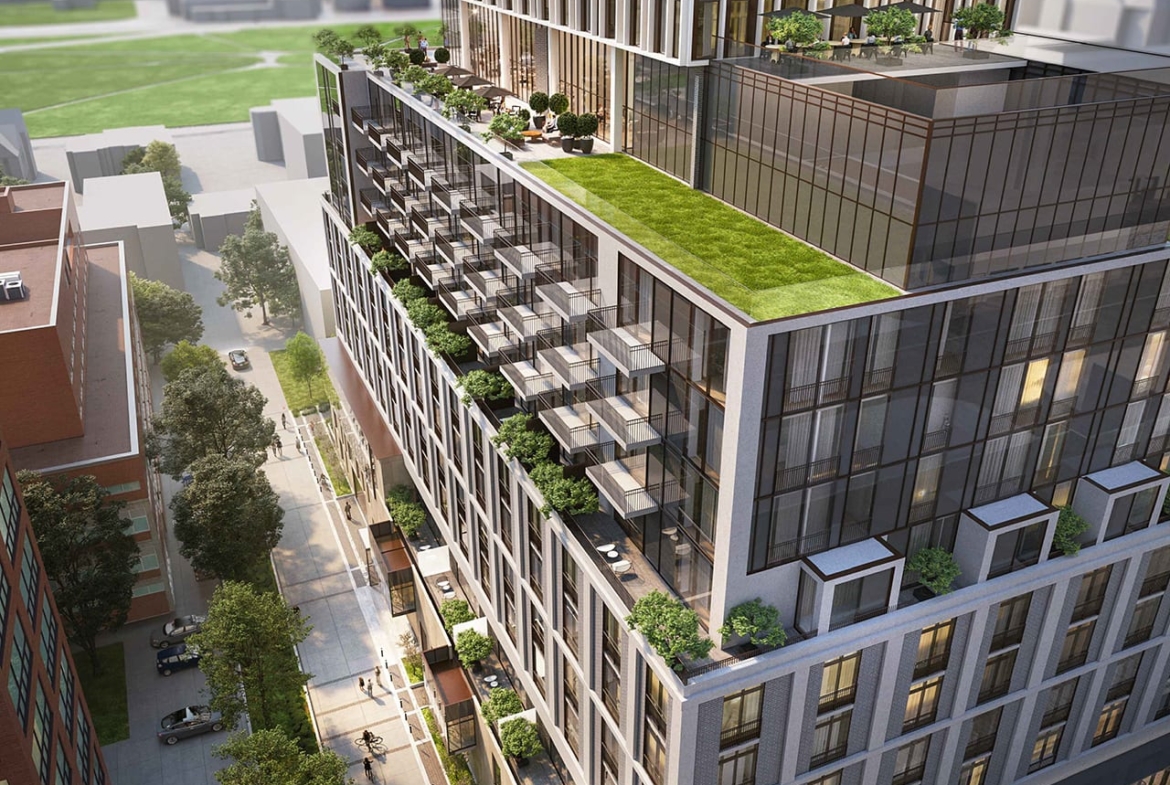 Rendering of 95 St Joseph Condos Exterior aerial with rooftop greenery