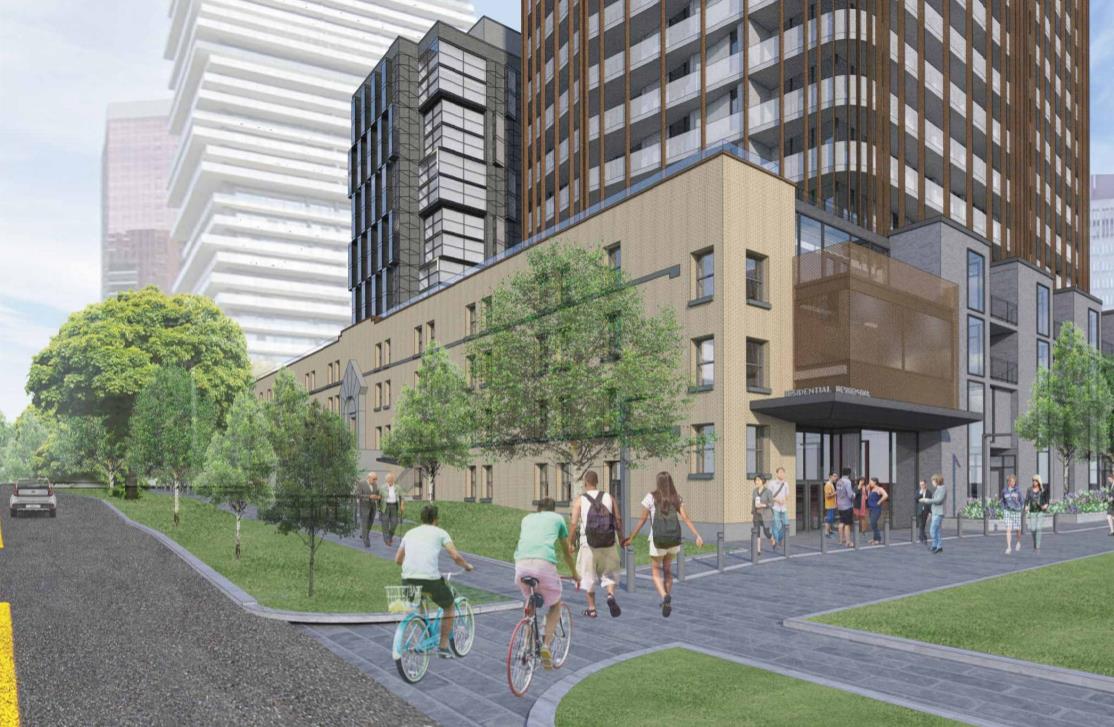 Street-view and entrance rendering of 95 St Joseph Condos in Toronto.