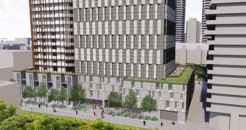Exterior side-view rendering of 95 St Joseph Condos in Toronto.