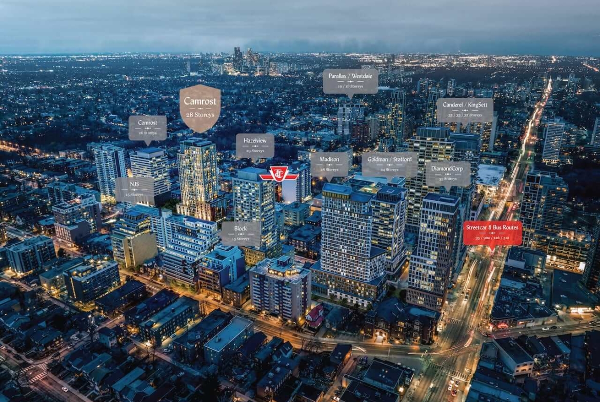 Rendering of Raglan House Condos aerial with developer logos overlayed