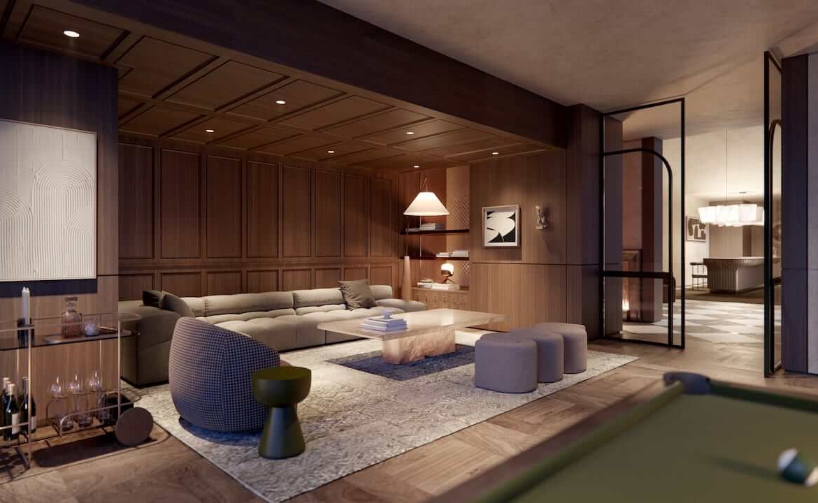 Rendering of Raglan House Condos amenity party room empty