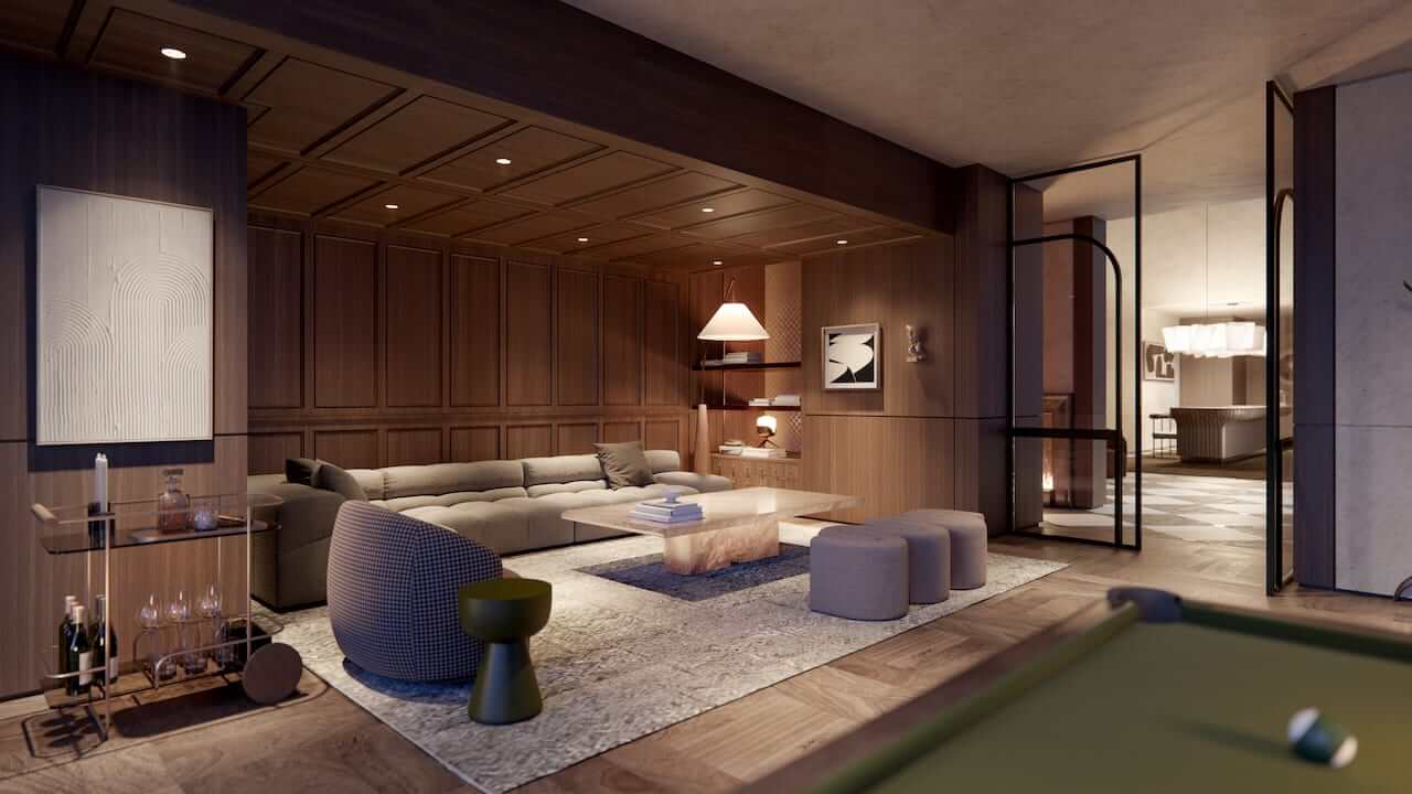 Rendering of Raglan House Condos amenity party room empty