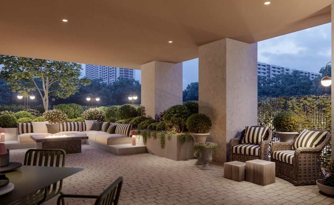 Rendering of Raglan House Condos amenity terrace with park