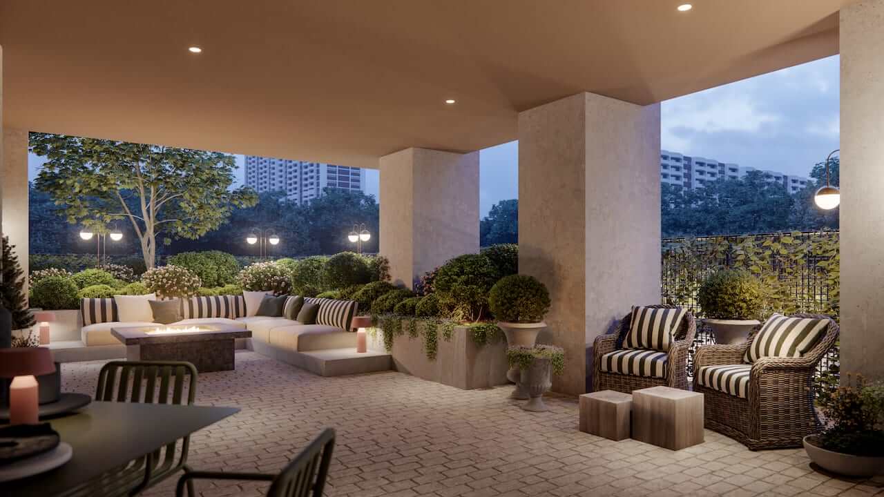 Rendering of Raglan House Condos amenity terrace with park