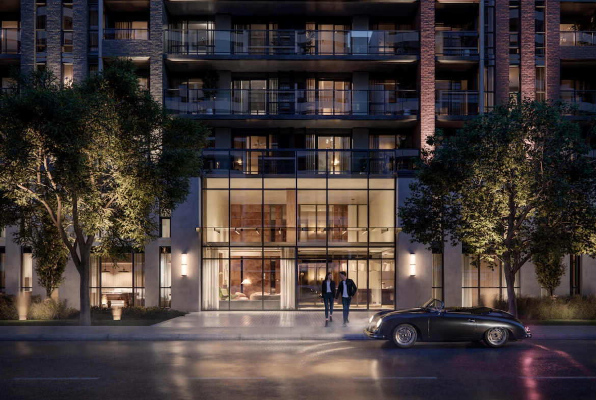 Rendering of Raglan House condos exterior entrance at night