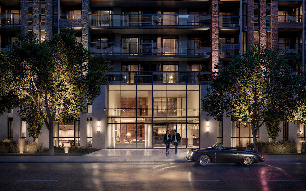 Rendering of Raglan House condos exterior entrance at night
