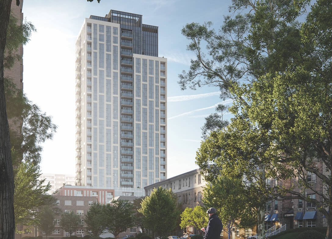 Rendering of Raglan House condos exterior view from a nearby park