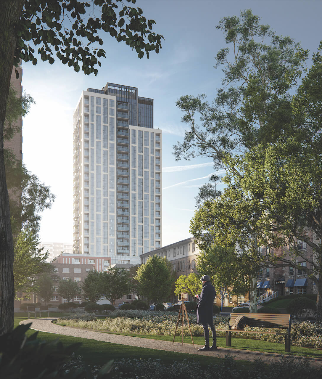 Rendering of Raglan House condos exterior view from a nearby park
