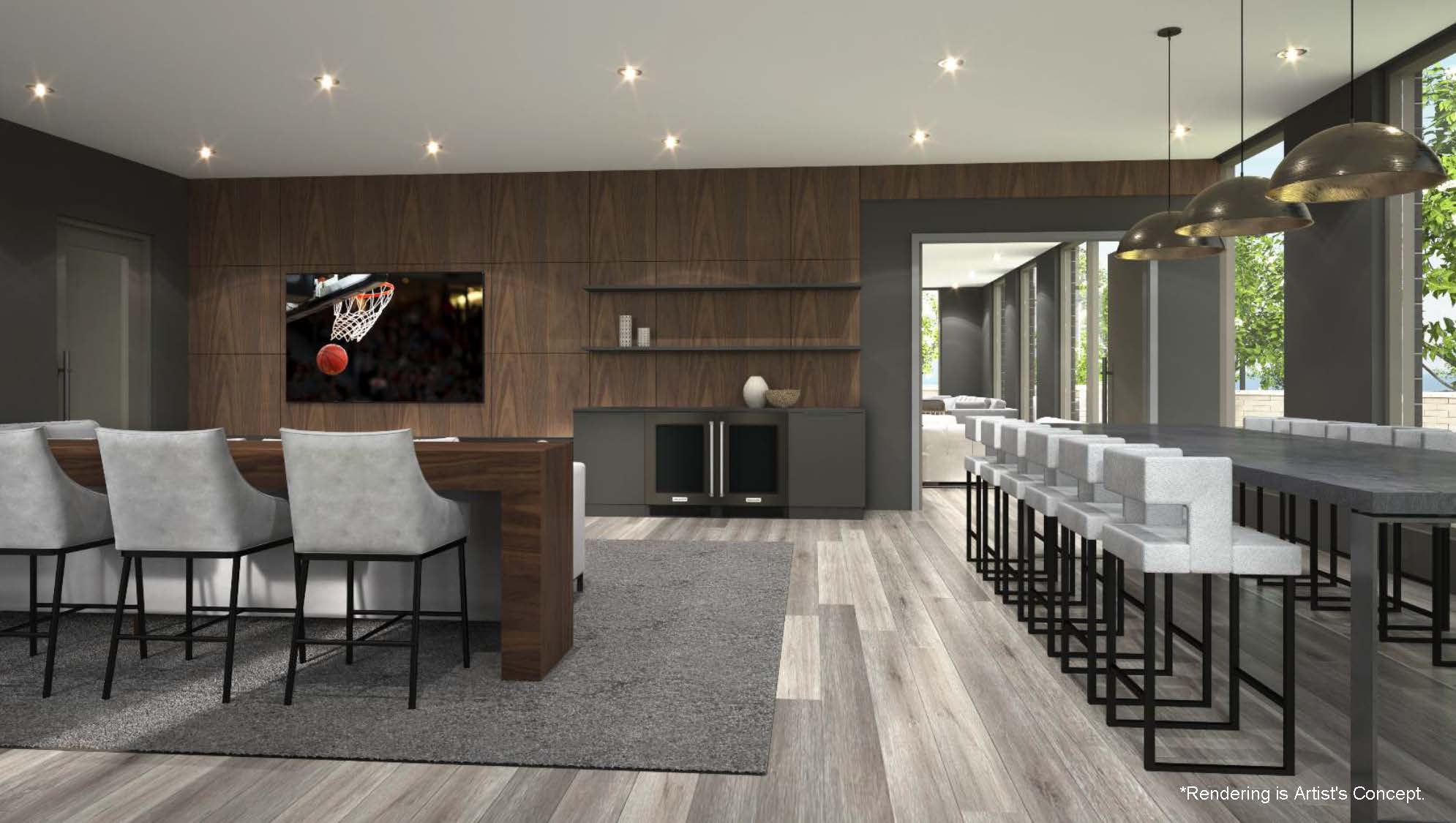 Rendering of Reign Condos Party Room with flat screen TV.
