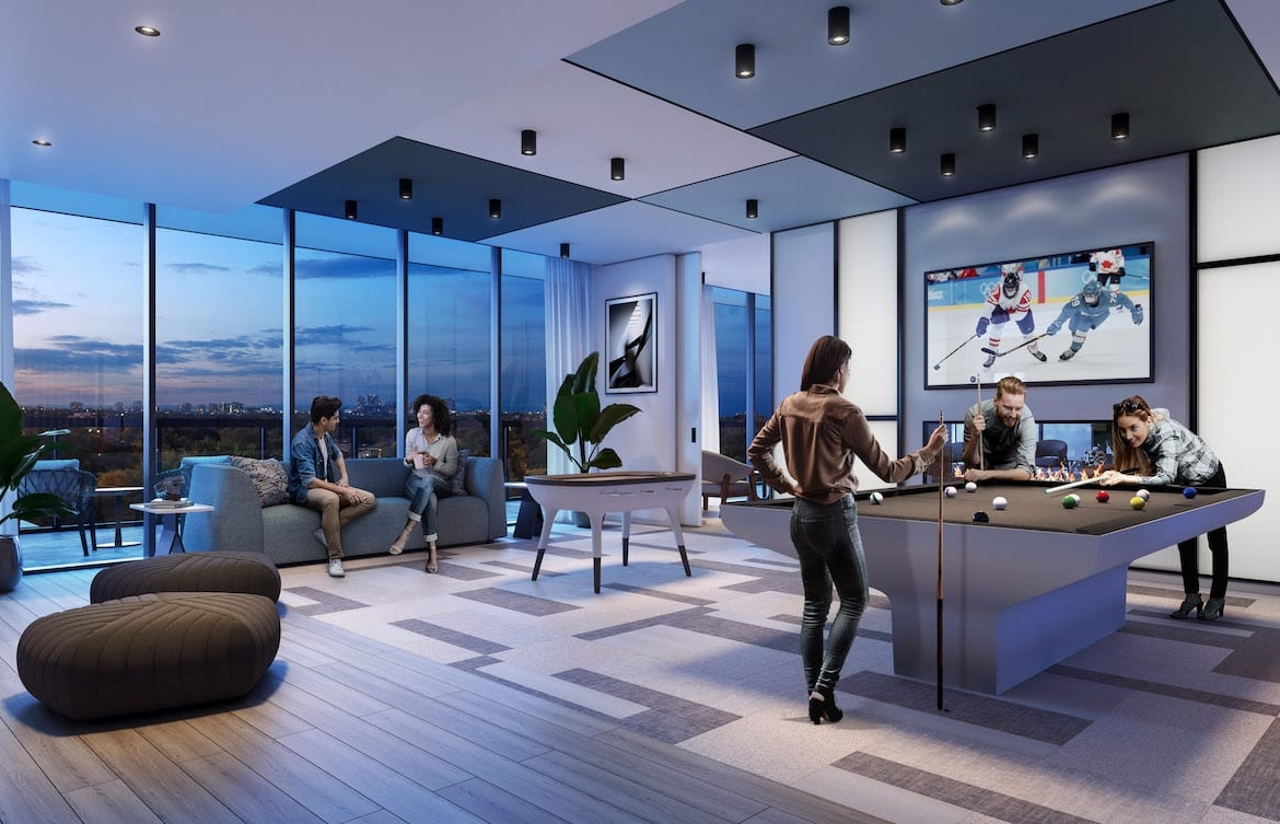 Rendering of The Dawes Condos interior games room