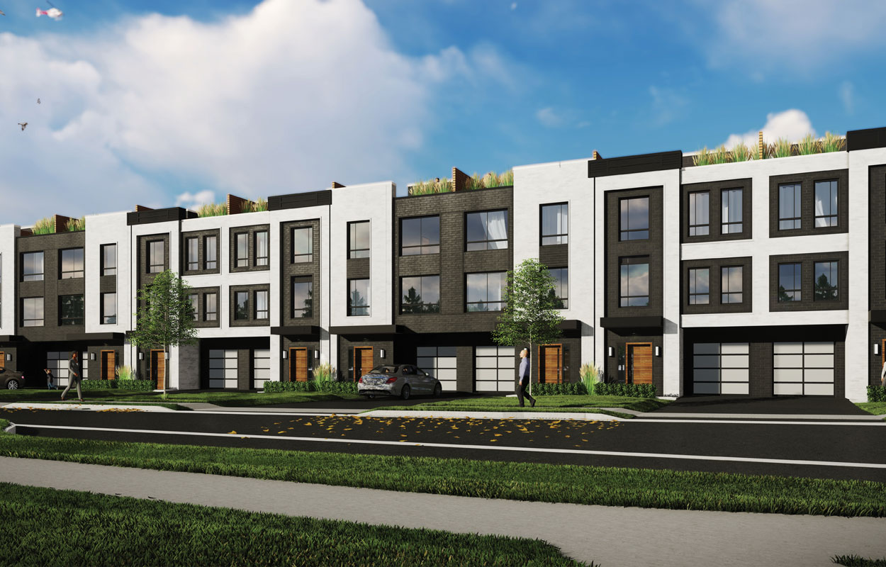 Rendering of Glendor Towns full exterior grouping of townhouses.