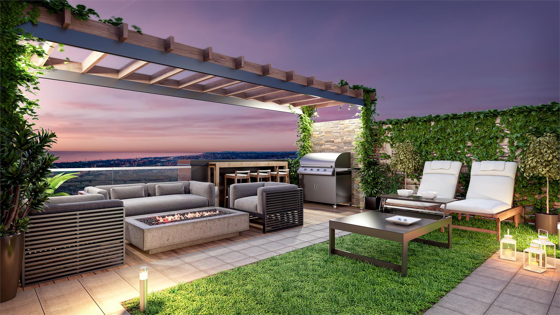 Rendering of Glendor Towns rooftop terrace at night.