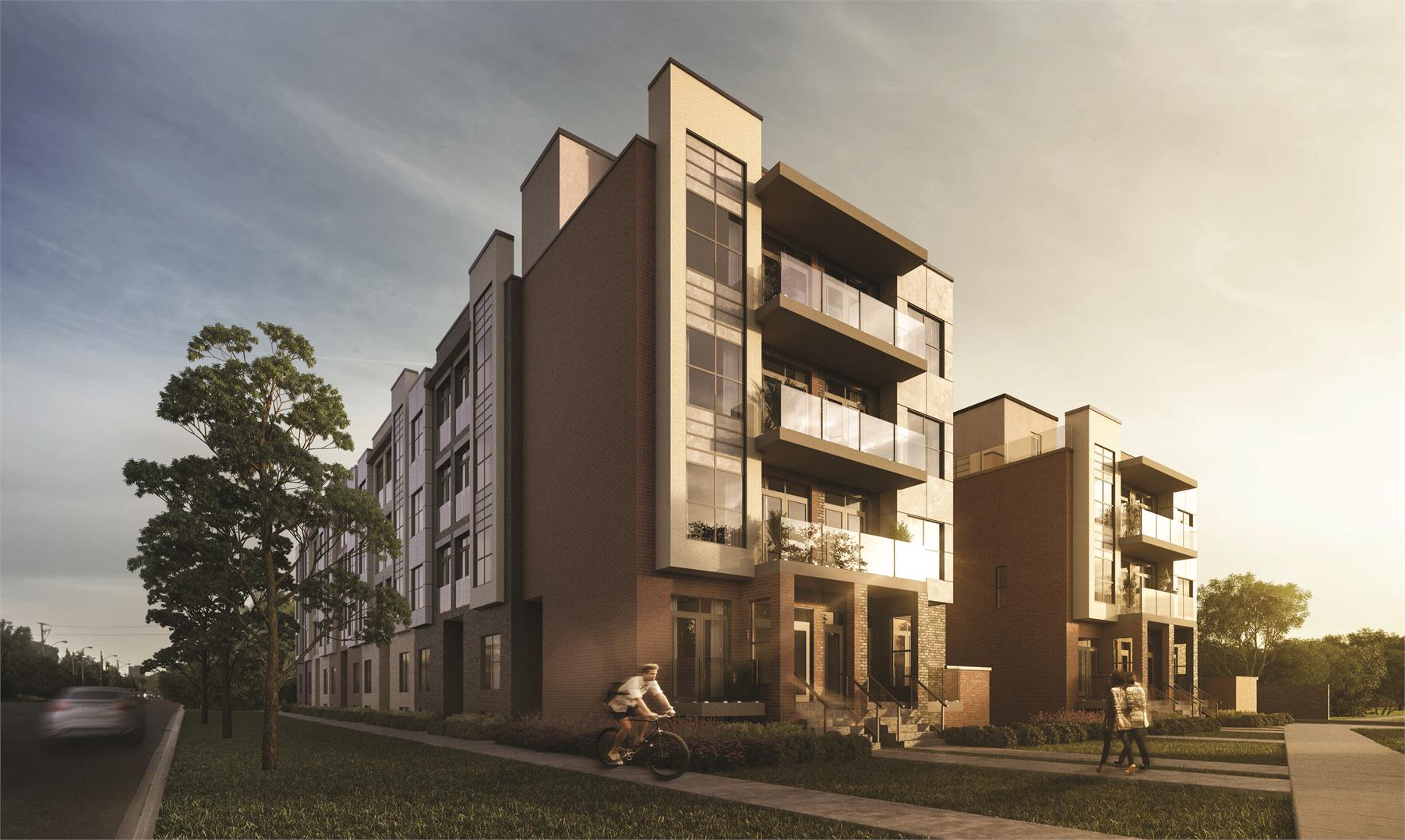 Rendering of Harrington Residences building exterior side view at dusk.