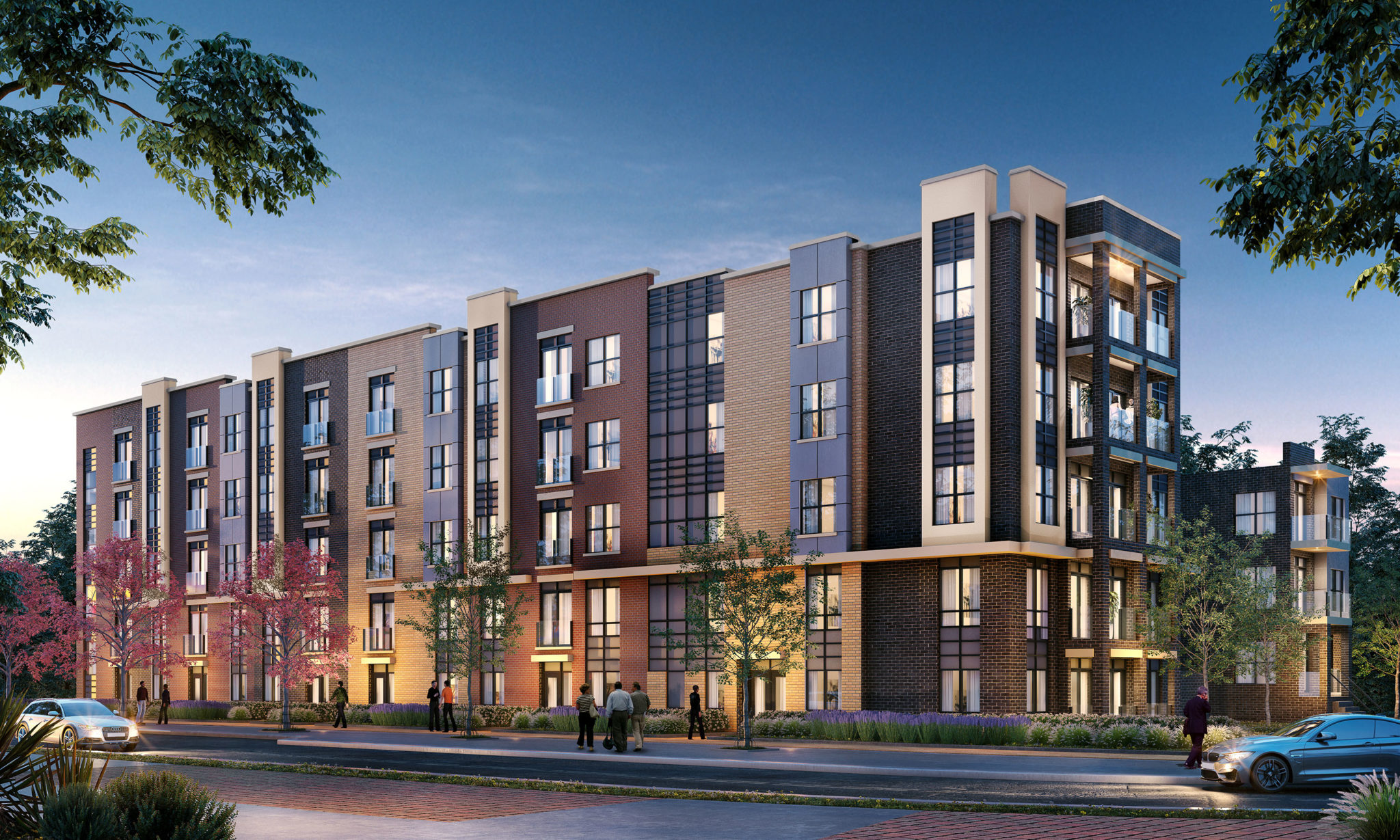 Rendering of Harrington Residences building exterior at dusk.