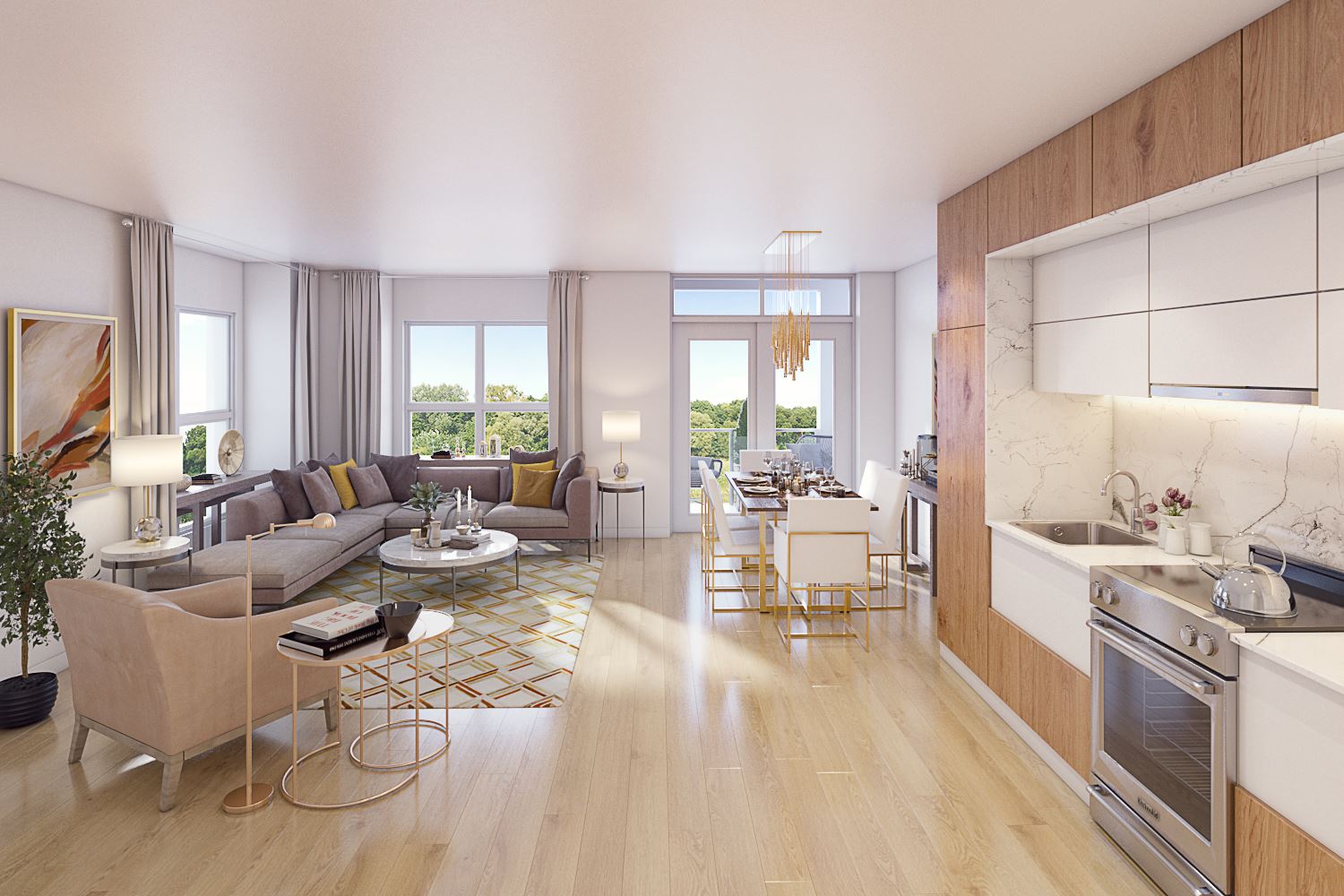 Rendering of the Harrington Residences suite interior open-concept kitchen and living room.