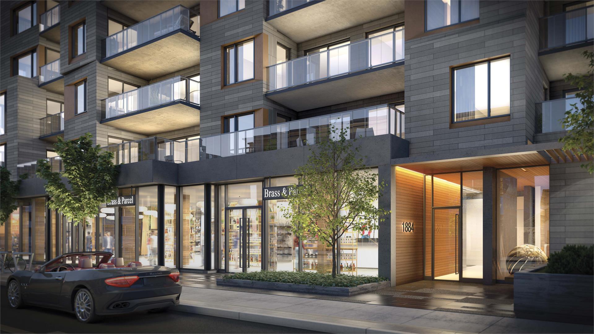 Rendering of Heartwood the Beach Condos exterior and ground-level retail