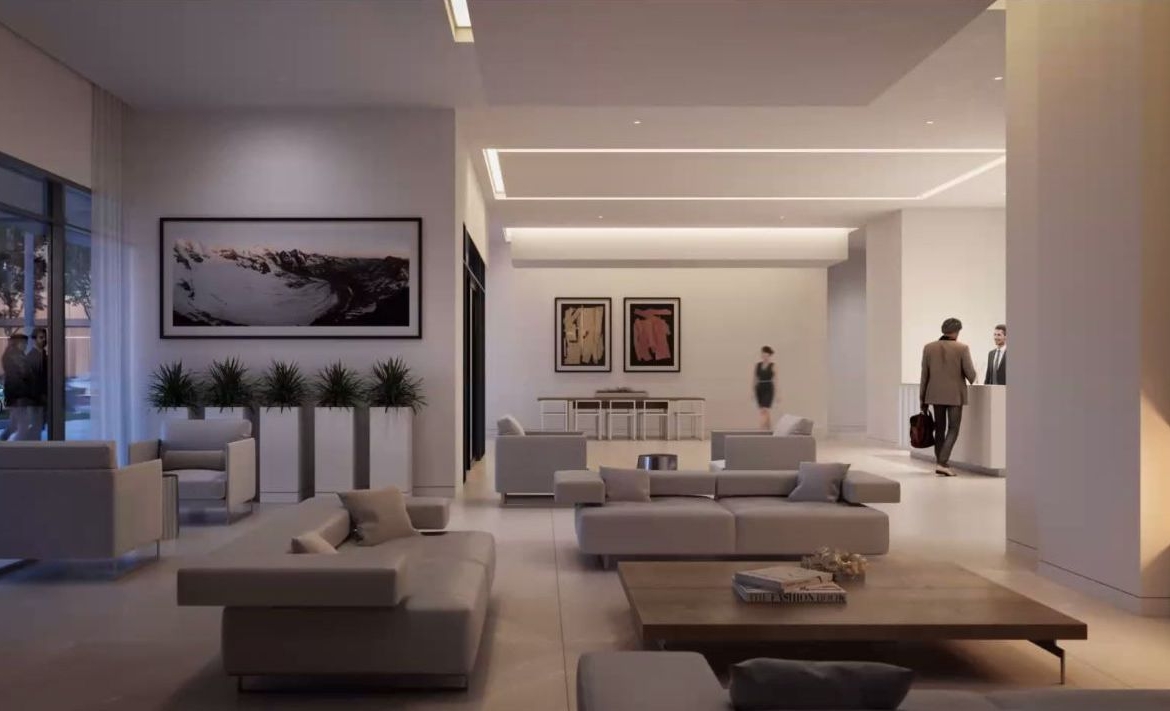 Rendering of M4 Condos lobby with concierge