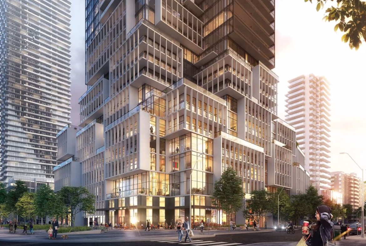 Rendering of M4 Condos pdium at night