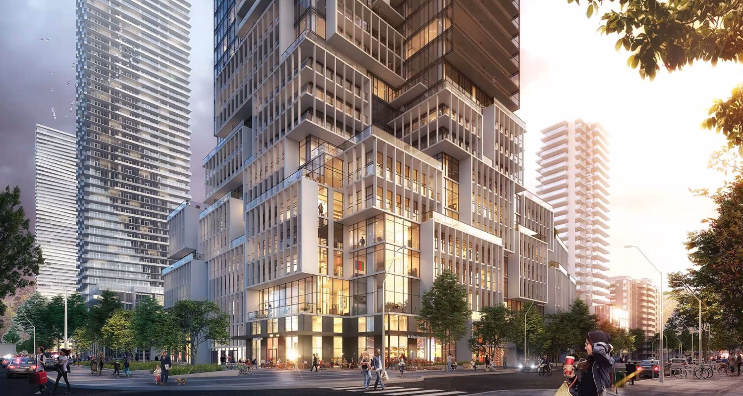 Rendering of M4 Condos pdium at night