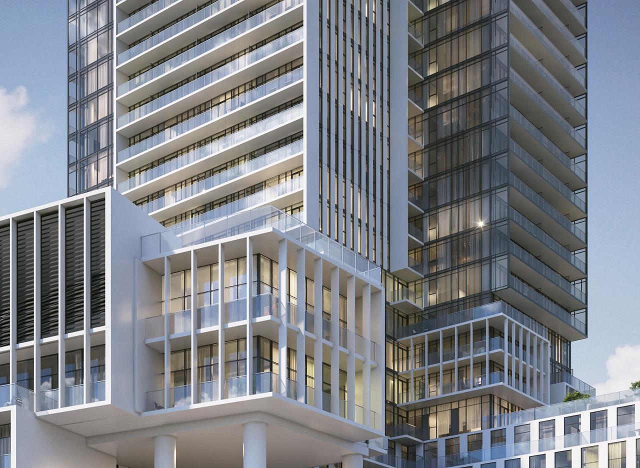 Rendering of M4 at M-City Condos partial building exterior.