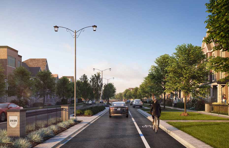 Rendering of Union Village friendly first impression at entry.