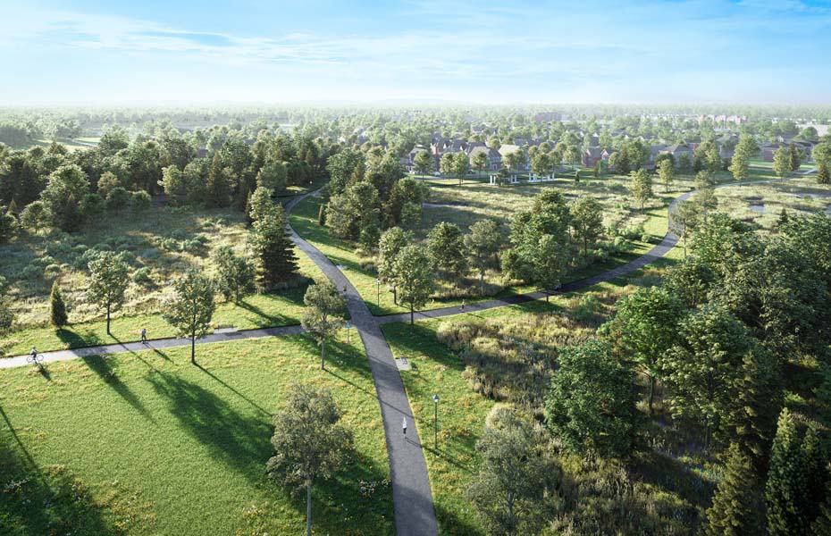 Rendering of Union Village aerial of the trail network.
