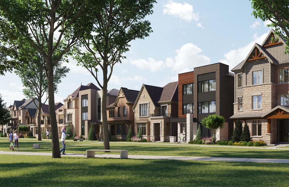 Rendering of Union Village landscape and streetscape view.
