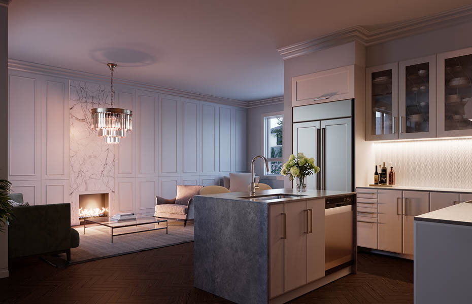 Rendering of Union Village Rear Lane Townhome interior kitchen.