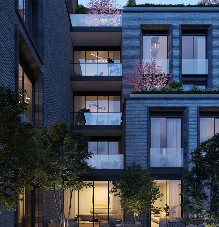 Rendering of 10 Prince Arthur Condos exterior siding at night.
